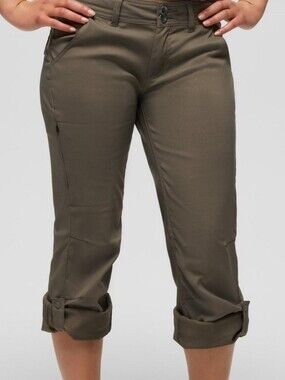 PRANA Convertible Roll Tab Hem Stretch Twill Hiking Olive Green Pants Wmn's 10